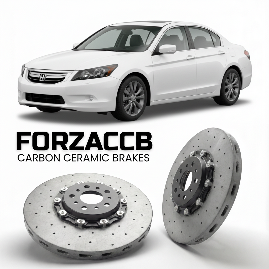 ForzaCCB direct OEM replacement carbon ceramic brake rotors for 2008 to 2012 Honda Accord CP2 models, shown with a white Honda Accord car.