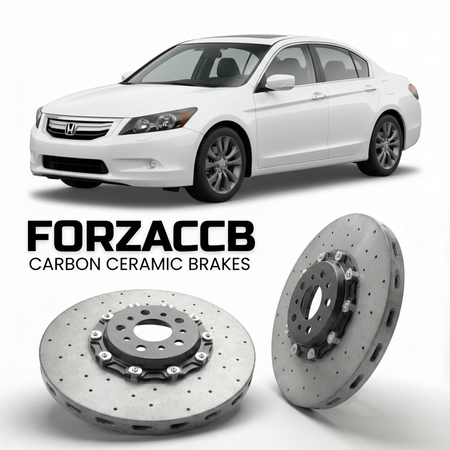 ForzaCCB direct OEM replacement carbon ceramic brake rotors for 2008 to 2012 Honda Accord CP2 models, shown with a white Honda Accord car.