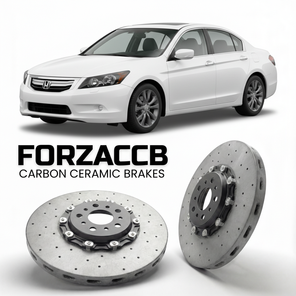 ForzaCCB direct OEM replacement carbon ceramic brake rotors for 2008 to 2012 Honda Accord CP2 models, shown with a white Honda Accord car.