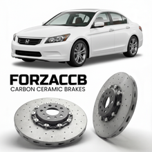 ForzaCCB direct OEM replacement carbon ceramic brake rotors for 2008 to 2012 Honda Accord CP3 models, shown with a white Honda Accord car.
