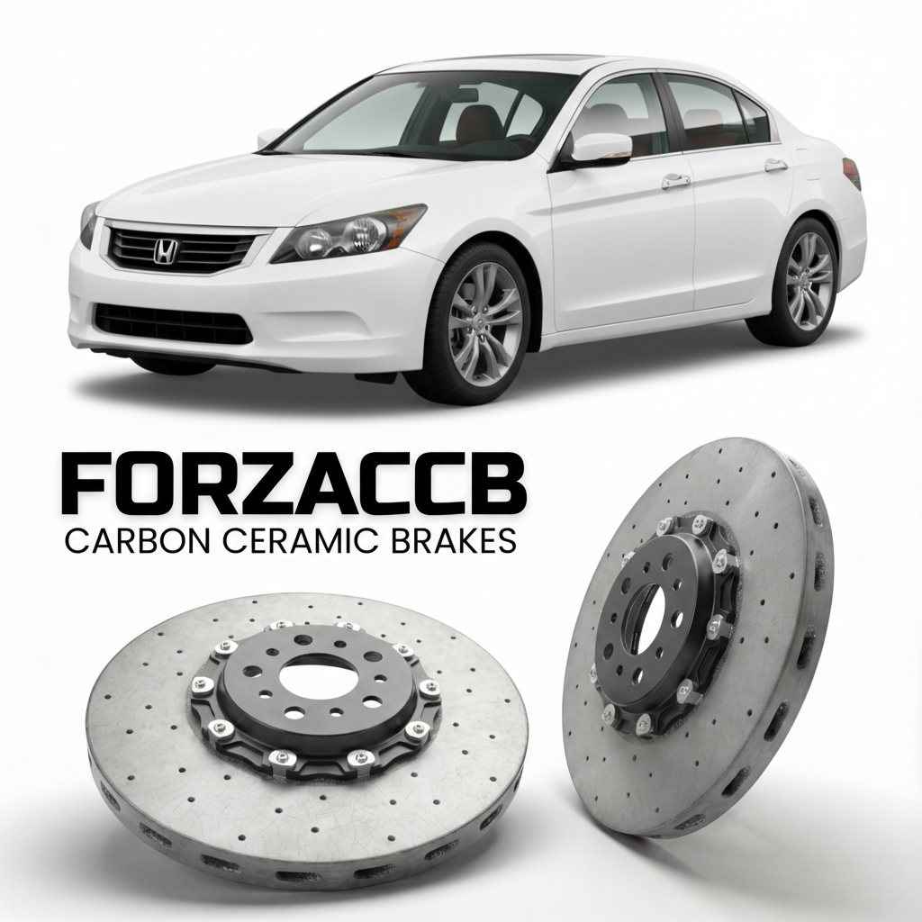 ForzaCCB direct OEM replacement carbon ceramic brake rotors for 2008 to 2012 Honda Accord CP3 models, shown with a white Honda Accord car.