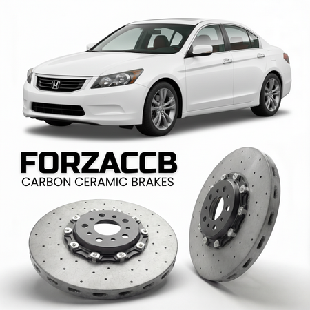ForzaCCB direct OEM replacement carbon ceramic brake rotors for 2008 to 2012 Honda Accord CP3 models, shown with a white Honda Accord car.