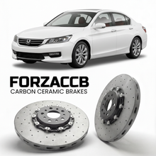 ForzaCCB direct OEM replacement carbon ceramic brake rotors for 2013 to 2017 Honda Accord CR2, CR3 models, shown with a white Honda Accord car.