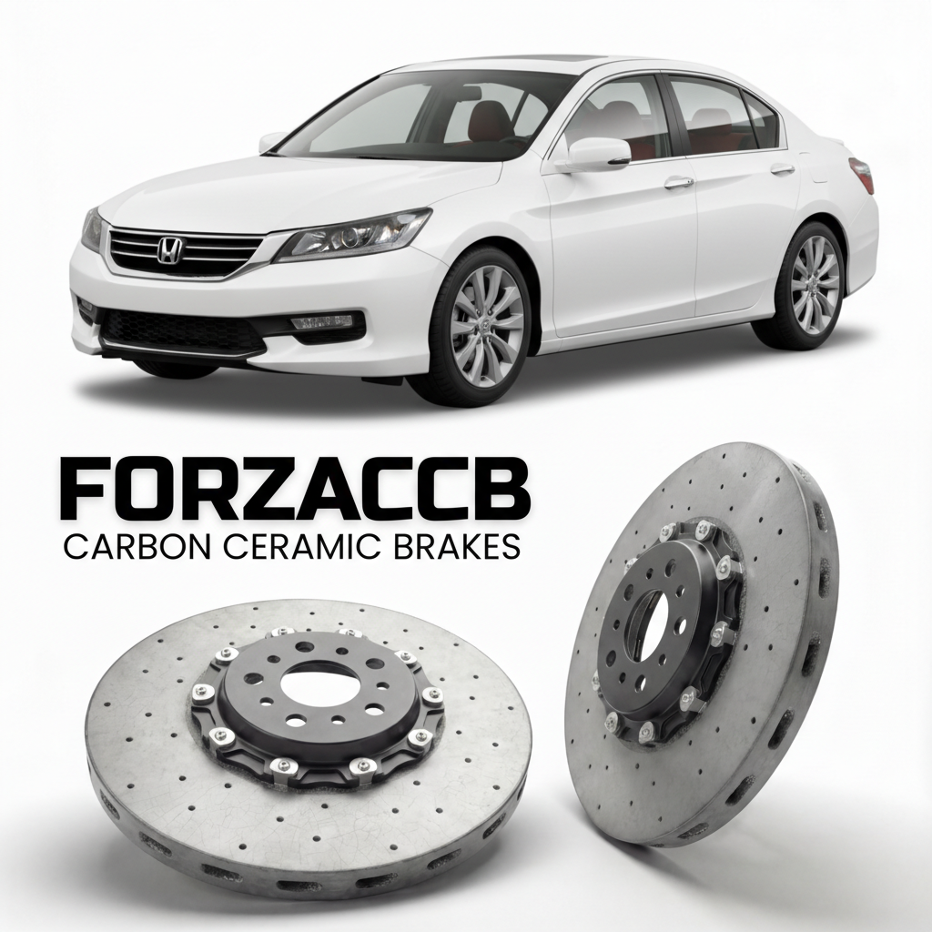 ForzaCCB direct OEM replacement carbon ceramic brake rotors for 2013 to 2017 Honda Accord CR2, CR3 models, shown with a white Honda Accord car.