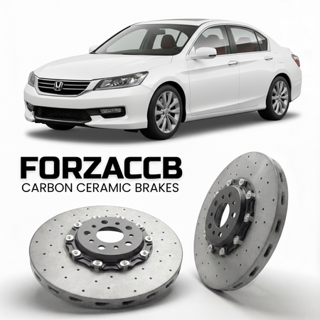 ForzaCCB direct OEM replacement carbon ceramic brake rotors for 2013 to 2017 Honda Accord CR2, CR3 models, shown with a white Honda Accord car.