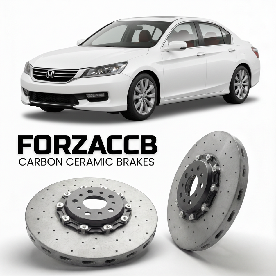 ForzaCCB direct OEM replacement carbon ceramic brake rotors for 2013 to 2017 Honda Accord CR2, CR3 models, shown with a white Honda Accord car.