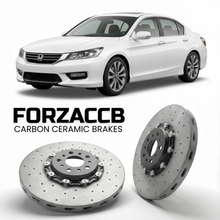 ForzaCCB direct OEM replacement carbon ceramic brake rotors for 2013 to 2017 Honda Accord CR2 models, shown with a white Honda Accord car.