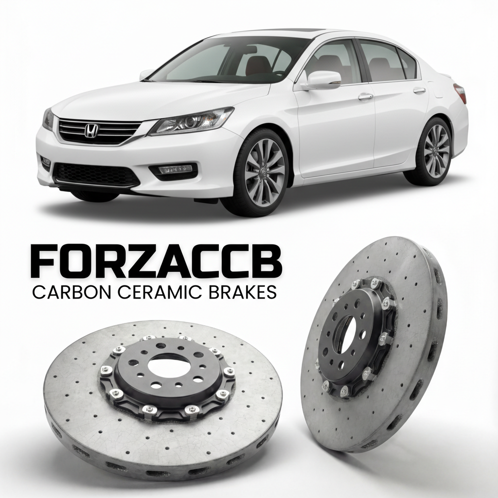 ForzaCCB direct OEM replacement carbon ceramic brake rotors for 2013 to 2017 Honda Accord CR2 models, shown with a white Honda Accord car.