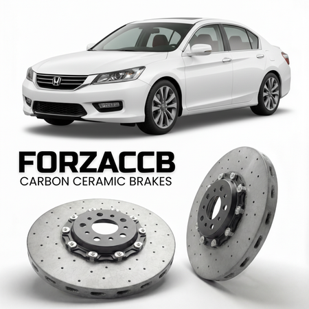 ForzaCCB direct OEM replacement carbon ceramic brake rotors for 2013 to 2017 Honda Accord CR2 models, shown with a white Honda Accord car.