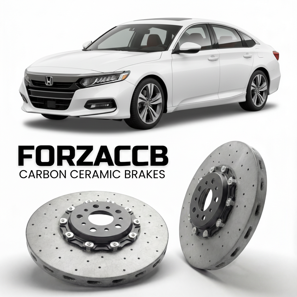 ForzaCCB direct OEM replacement carbon ceramic brake rotors for 2018 to 2022 Honda Accord CV1 models, shown with a white Honda Accord car.