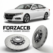 ForzaCCB direct OEM replacement carbon ceramic brake rotors for 2018 to 2022 Honda Accord CV1 models, shown with a white Honda Accord car.