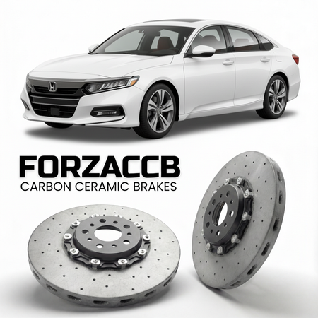 ForzaCCB direct OEM replacement carbon ceramic brake rotors for 2018 to 2022 Honda Accord CV1 models, shown with a white Honda Accord car.