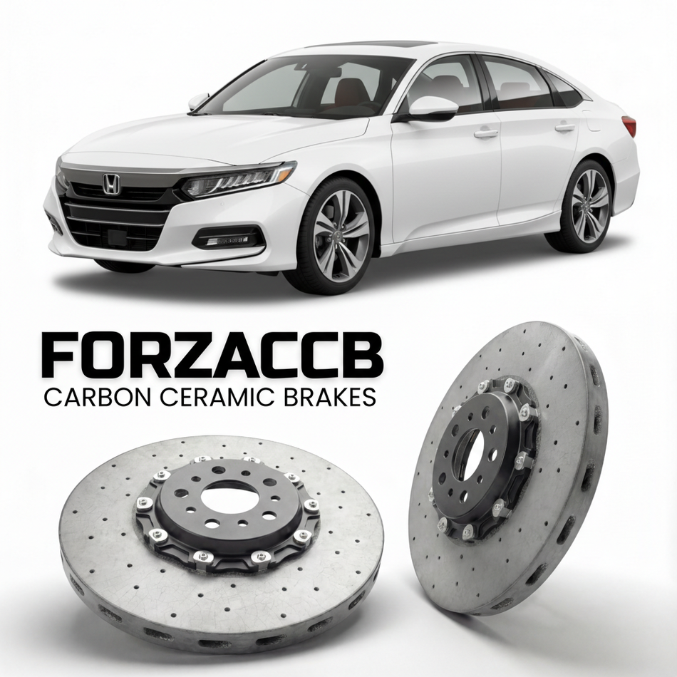 ForzaCCB direct OEM replacement carbon ceramic brake rotors for 2018 to 2022 Honda Accord CV1 models, shown with a white Honda Accord car.