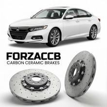 ForzaCCB direct OEM replacement carbon ceramic brake rotors for 2018 to 2022 Honda Accord CV2, CV3 models, shown with a white Honda Accord car.