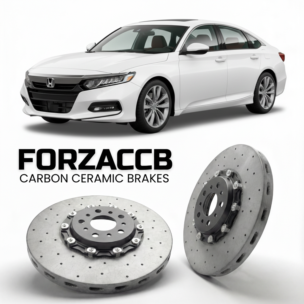 ForzaCCB direct OEM replacement carbon ceramic brake rotors for 2018 to 2022 Honda Accord CV2, CV3 models, shown with a white Honda Accord car.