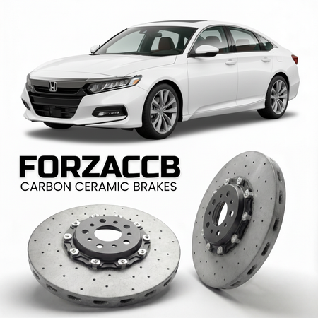 ForzaCCB direct OEM replacement carbon ceramic brake rotors for 2018 to 2022 Honda Accord CV2, CV3 models, shown with a white Honda Accord car.