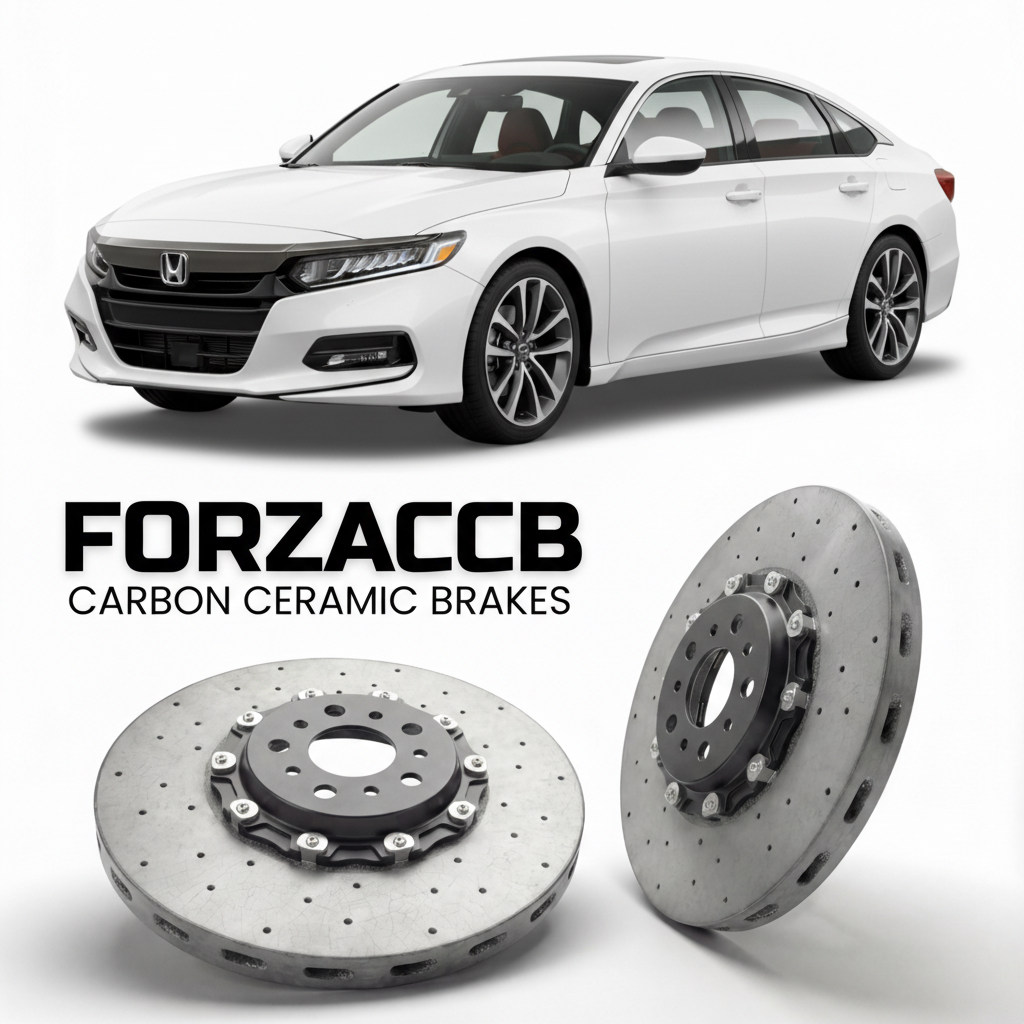 ForzaCCB direct OEM replacement carbon ceramic brake rotors for 2023 and newer Honda Accord CY1 models, shown with a white Honda Accord car.