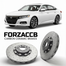 ForzaCCB direct OEM replacement carbon ceramic brake rotors for 2023 and newer Honda Accord CY1 models, shown with a white Honda Accord car.