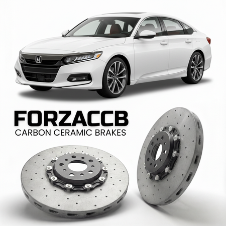 ForzaCCB direct OEM replacement carbon ceramic brake rotors for 2023 and newer Honda Accord CY1 models, shown with a white Honda Accord car.