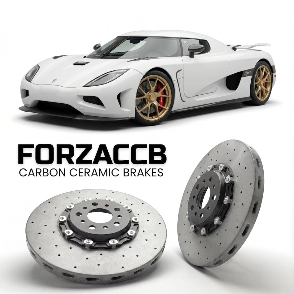 ForzaCCB direct OEM replacement carbon ceramic brake rotors for 2010 to 2018 Koenigsegg Agera models, shown with a white Koenigsegg Agera car.