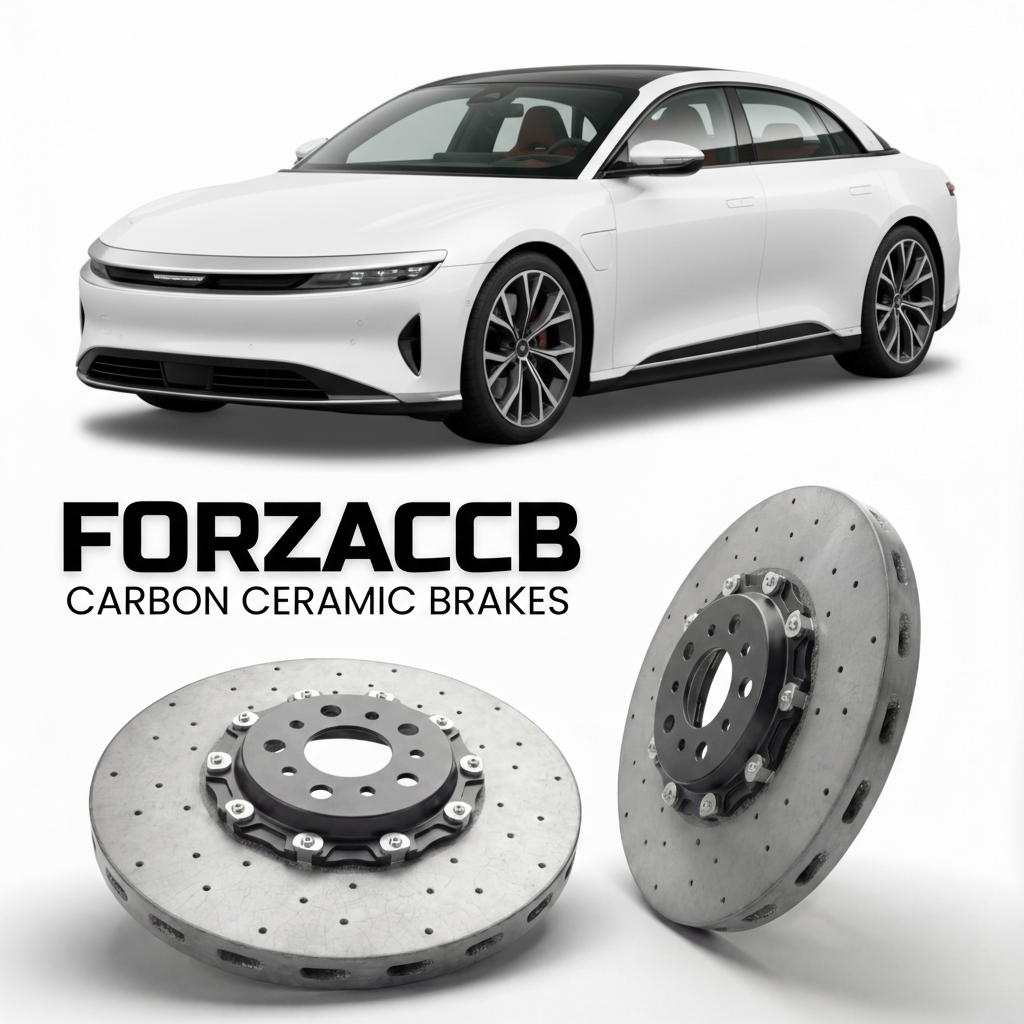 ForzaCCB direct OEM replacement carbon ceramic brake rotors for 2022 and newer Lucid Air Grand Touring models, shown with a white Lucid Air Grand Touring car.