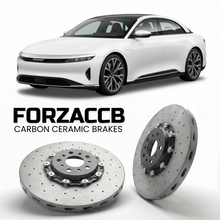 ForzaCCB direct OEM replacement carbon ceramic brake rotors for 2022 and newer Lucid Air Grand Touring models, shown with a white Lucid Air Grand Touring car.
