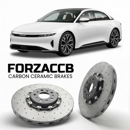 ForzaCCB direct OEM replacement carbon ceramic brake rotors for 2022 and newer Lucid Air Grand Touring models, shown with a white Lucid Air Grand Touring car.