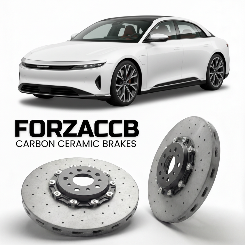 ForzaCCB direct OEM replacement carbon ceramic brake rotors for 2022 and newer Lucid Air Grand Touring models, shown with a white Lucid Air Grand Touring car.