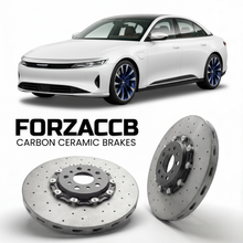 ForzaCCB direct OEM replacement carbon ceramic brake rotors for 2024 and newer Lucid Air Sapphire models, shown with a white Lucid Air Sapphire car.