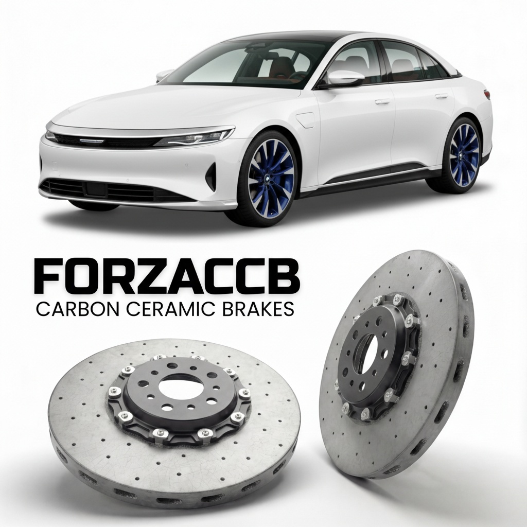 ForzaCCB direct OEM replacement carbon ceramic brake rotors for 2024 and newer Lucid Air Sapphire models, shown with a white Lucid Air Sapphire car.