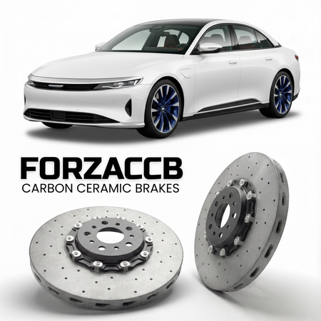ForzaCCB direct OEM replacement carbon ceramic brake rotors for 2024 and newer Lucid Air Sapphire models, shown with a white Lucid Air Sapphire car.