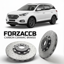 ForzaCCB direct OEM replacement carbon ceramic brake rotors for 2021 to 2026 Hyundai Alcazar models, shown with a white Hyundai Alcazar car.