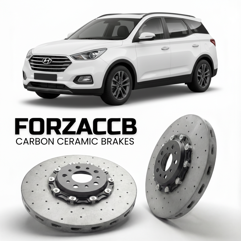 ForzaCCB direct OEM replacement carbon ceramic brake rotors for 2021 to 2026 Hyundai Alcazar models, shown with a white Hyundai Alcazar car.