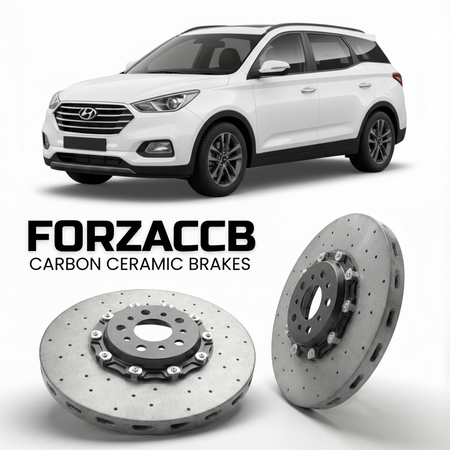 ForzaCCB direct OEM replacement carbon ceramic brake rotors for 2021 to 2026 Hyundai Alcazar models, shown with a white Hyundai Alcazar car.