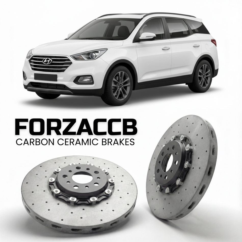 ForzaCCB direct OEM replacement carbon ceramic brake rotors for 2021 to 2026 Hyundai Alcazar models, shown with a white Hyundai Alcazar car.