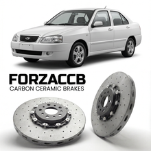 ForzaCCB direct OEM replacement carbon ceramic brake rotors for 2005 to 2010 Chery Amulet A15 models, shown with a white Chery Amulet car.