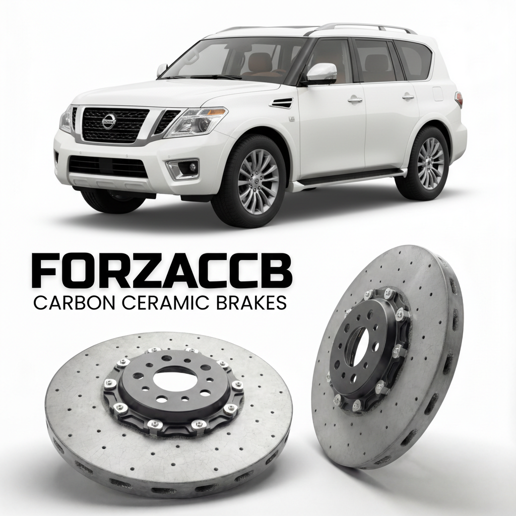 ForzaCCB direct OEM replacement carbon ceramic brake rotors for 2017 to 2024 Nissan Armada Y62 models, shown with a white Nissan Armada car.