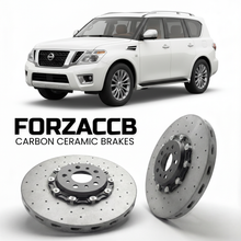 ForzaCCB direct OEM replacement carbon ceramic brake rotors for 2017 to 2024 Nissan Armada Y62 models, shown with a white Nissan Armada car.