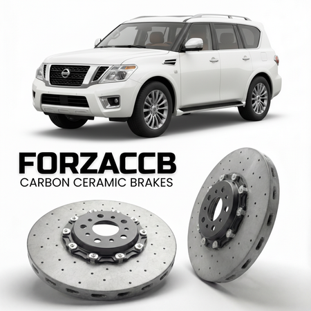 ForzaCCB direct OEM replacement carbon ceramic brake rotors for 2017 to 2024 Nissan Armada Y62 models, shown with a white Nissan Armada car.