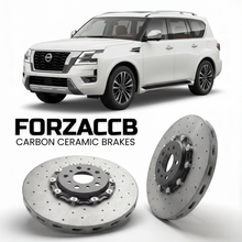 ForzaCCB direct OEM replacement carbon ceramic brake rotors for 2025 and newer Nissan Armada Y63 models, shown with a white Nissan Armada car.
