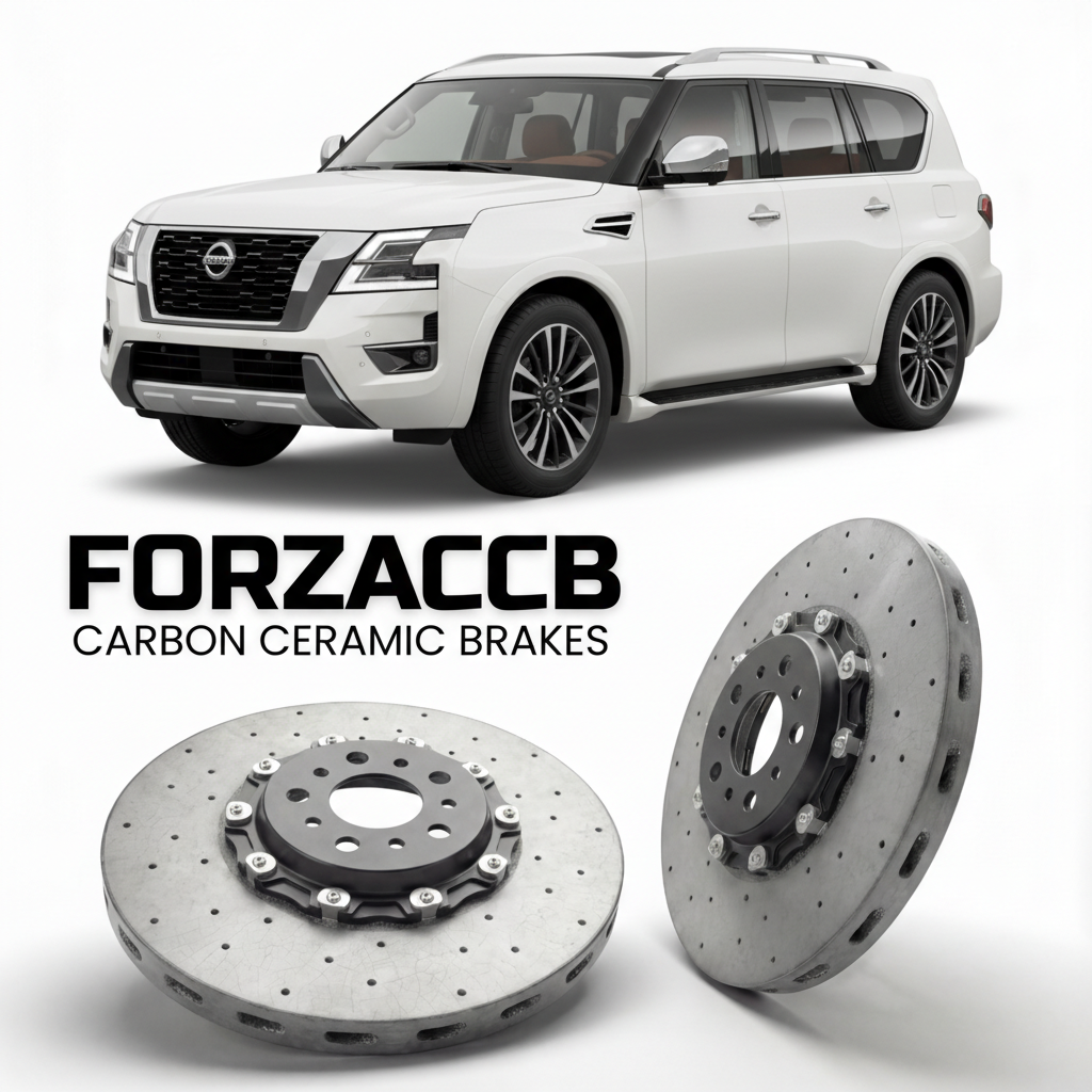 ForzaCCB direct OEM replacement carbon ceramic brake rotors for 2025 and newer Nissan Armada Y63 models, shown with a white Nissan Armada car.