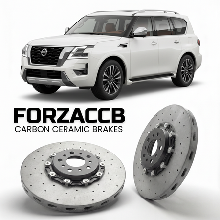ForzaCCB direct OEM replacement carbon ceramic brake rotors for 2025 and newer Nissan Armada Y63 models, shown with a white Nissan Armada car.