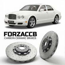 ForzaCCB direct OEM replacement carbon ceramic brake rotors for 2005 to 2005 Bentley Arnage models, shown with a white Bentley Arnage car.