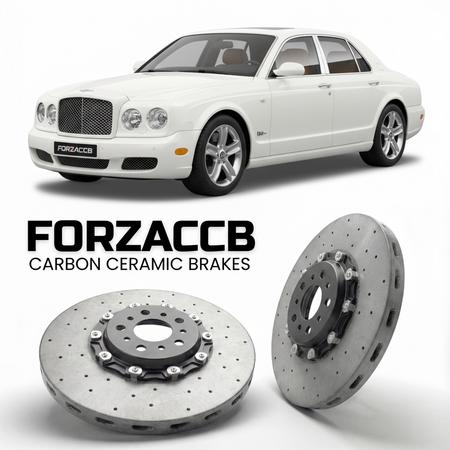 ForzaCCB direct OEM replacement carbon ceramic brake rotors for 2005 to 2005 Bentley Arnage models, shown with a white Bentley Arnage car.
