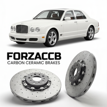 ForzaCCB direct OEM replacement carbon ceramic brake rotors for 2005 to 2009 Bentley Arnage models, shown with a white Bentley Arnage car.