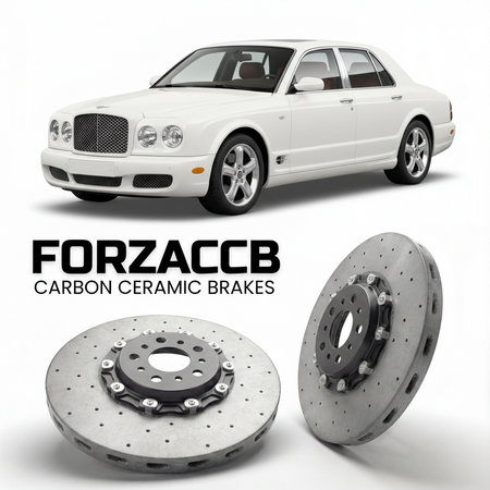 ForzaCCB direct OEM replacement carbon ceramic brake rotors for 2005 to 2009 Bentley Arnage models, shown with a white Bentley Arnage car.