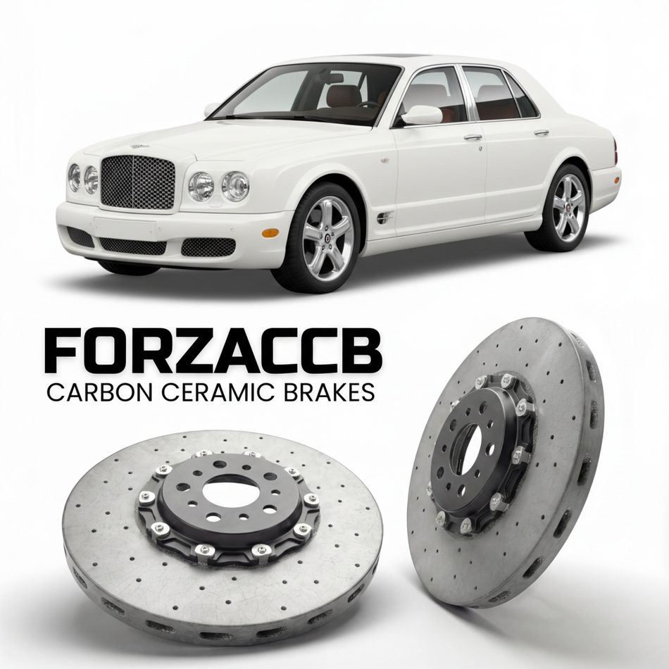 ForzaCCB direct OEM replacement carbon ceramic brake rotors for 2005 to 2009 Bentley Arnage models, shown with a white Bentley Arnage car.