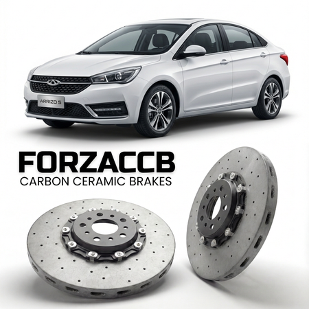 ForzaCCB direct OEM replacement carbon ceramic brake rotors for 2016 to 2019 Chery Arrizo 5 Chery Arizzo 5 models, shown with a white Chery Arrizo 5 car.
