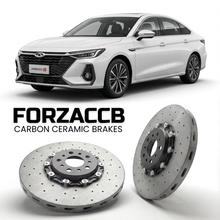 ForzaCCB direct OEM replacement carbon ceramic brake rotors for 2022 and newer Chery Arrizo 8 models, shown with a white Chery Arrizo 8 car.