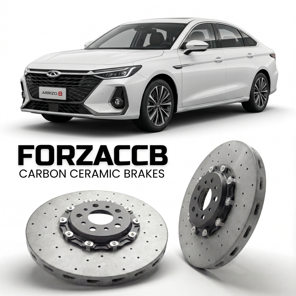 ForzaCCB direct OEM replacement carbon ceramic brake rotors for 2022 and newer Chery Arrizo 8 models, shown with a white Chery Arrizo 8 car.